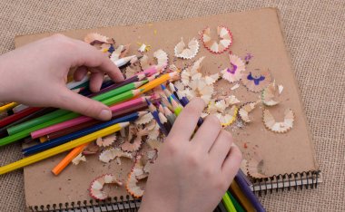 Renkli kalemler üzerinde bir defter tutan el