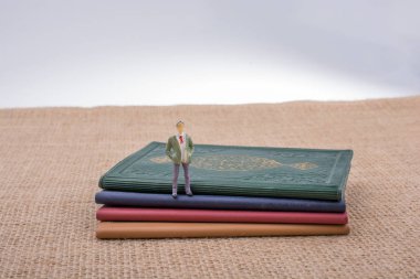 Adam heykelcik ayakta tuval üzerine küçük kitaplar