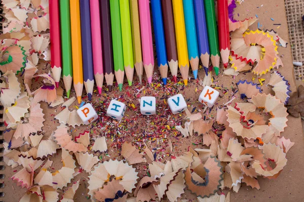 Lápices Color Cubos Letras Las Virutas Lápiz — Foto de Stock