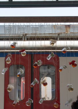 Dizeleri asılı bitkisel çay şişe