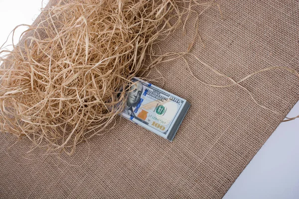 Banknote bundle of US dollar in a straw pile on canvas