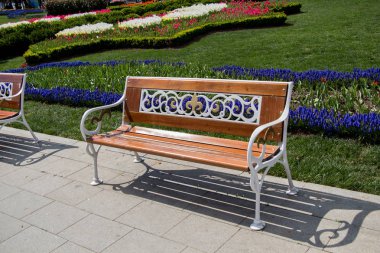 Parktaki ahşap park bankında.