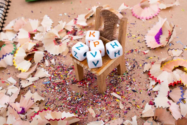 Colorful Letter Cubes Chair Pencil Trash — Stock Photo, Image