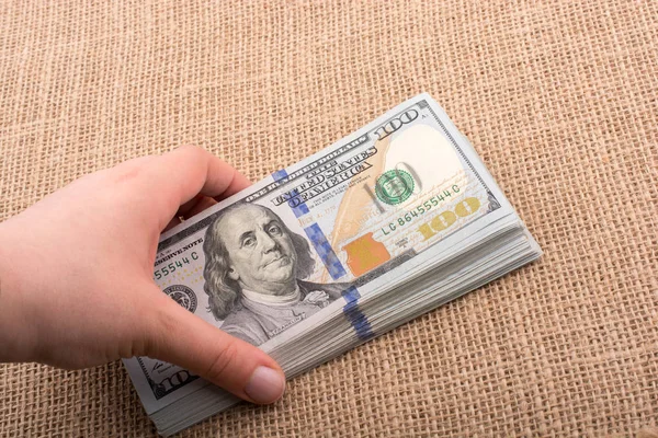 El ele tutuşan bir tomar Amerikan doları keten bir arka planda.