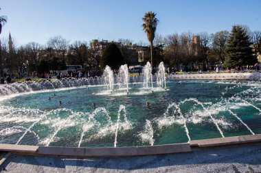 Çeşmeler parktaki bir havuzda köpüklü su fışkırtıyor.