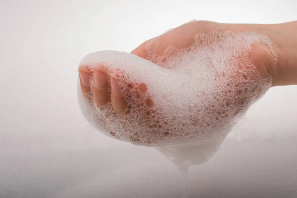 Lavagem Mãos Espuma Sabão Fundo Espumoso — Fotografia de Stock