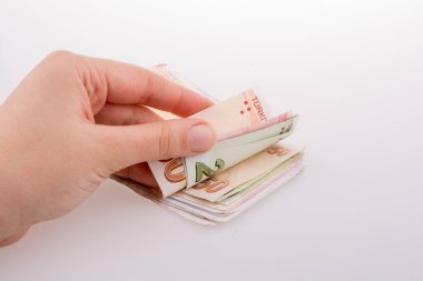 Turksh Lirası banknotlar beyaz arka plan üzerinde tutan el