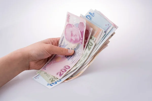 Billetes Turksh Lira Mano Sobre Fondo Blanco — Foto de Stock