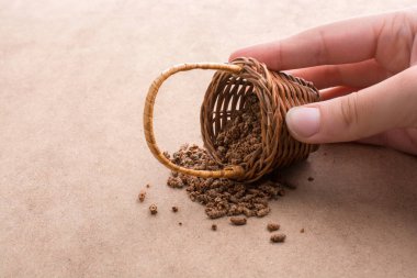 Tuvalin arka planında hasır bir sepeti tutan el.