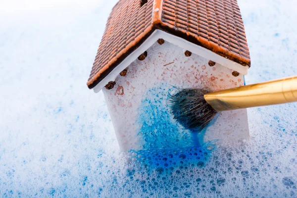Little Model House Painting Brush Foamy Water — Stock Photo, Image