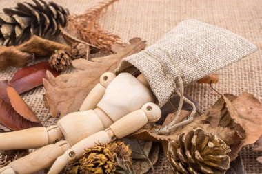 Ahşap bebek sonbahar arka plan poz