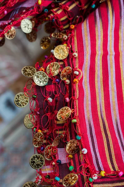 Plenty Fake Gold Coins Scarf Edges — Stock Photo, Image