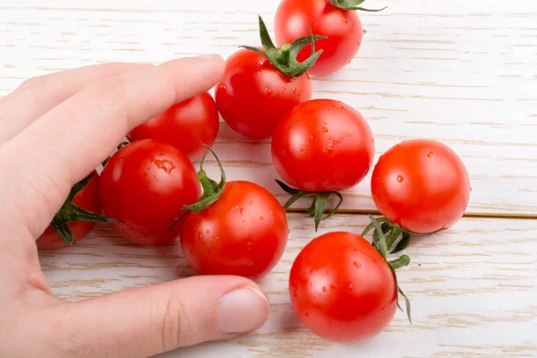 红色成熟可口新鲜樱桃西红柿在手在看法 — 图库照片