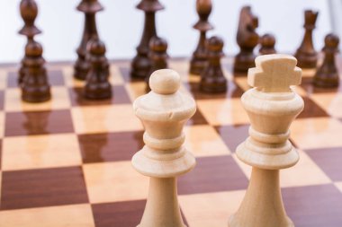 Satranç tahtasının üzerinde satranç taşları var.