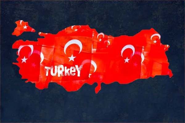 Drapeaux nationaux turcs remplissages dans la carte de la Turquie sur sombre — Photo