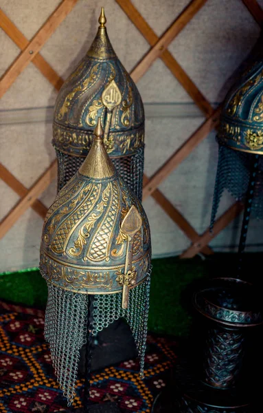 Decorative metal  Helmets Of  Warriors Of Turkish Ottoman Time — Stock Photo, Image