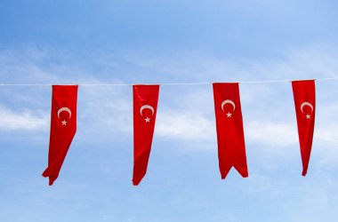 Gökyüzünde beyaz yıldız ve ay olan Türk ulusal bayrakları