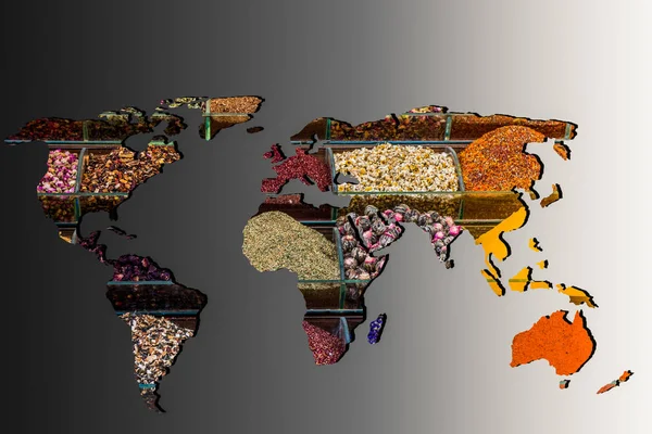 Mniej więcej opisane mapa świata z veraity przyprawy do napełniania — Zdjęcie stockowe