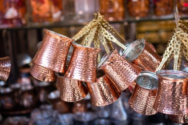Traditional Turkish coffee pots, cezve made in a traditional sty