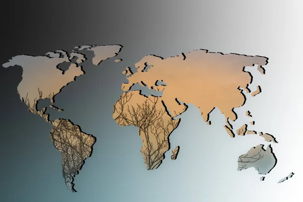 Grob umrissene Weltkarte mit Ästen — Stockfoto