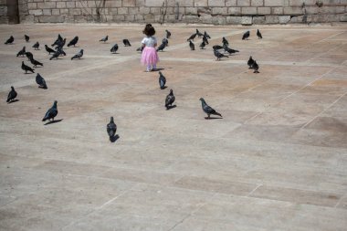 Sokakta beslenen aç güvercin sürüsünün ortasında küçük bir kız.