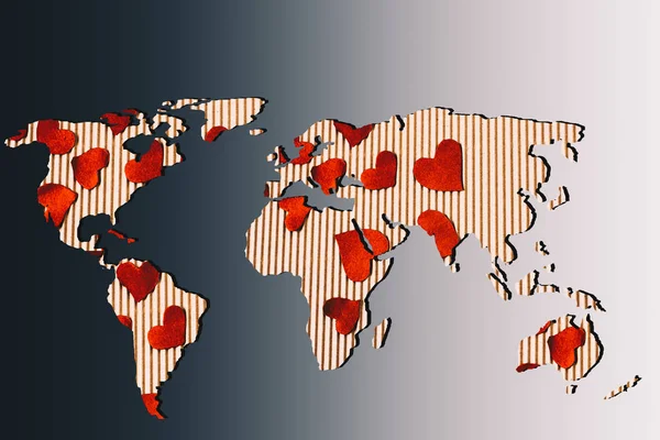 Περίπου σκιαγράφησε τον κόσμο χάρτη με καρδιακά σχήματα σφραγίσματα — Φωτογραφία Αρχείου