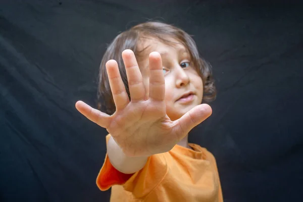 Boy Showing Stop Gesture His Hand Prohibition Concept — Stock Photo, Image