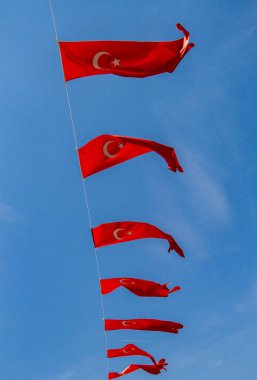 Gökyüzünde beyaz yıldızlı ve uydulu Türk ulusal bayrakları
