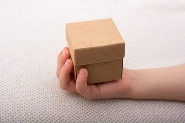 Elinde kahverengi karton kutu var.