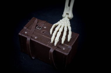 İnsan iskeleti el modeli model bir bavul tutuyor.