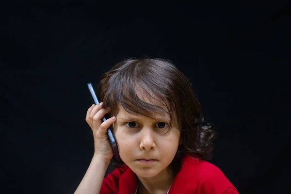 Little Boy Hold Smartphone Modern Mobile Communication Gadget — Stock Photo, Image