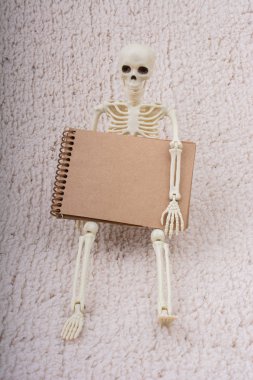 Elinde not defteriyle tıbbi anatomi için insan iskeleti modeli.