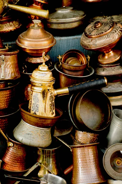 Turecké Hrnce Kávu Kovu Tradičním Stylu — Stock fotografie