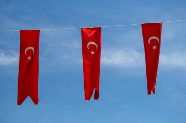 Gökyüzünde beyaz yıldız ve ay olan Türk ulusal bayrakları