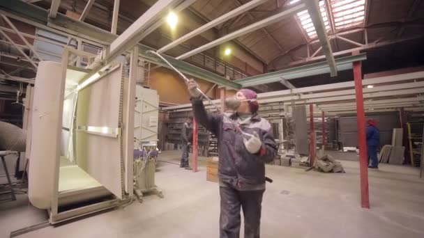 MOSCOW, RUSSIA - OCT, 2016: Female worker puts metal parts on a automative conveyor into industrial oven. — Stock Video