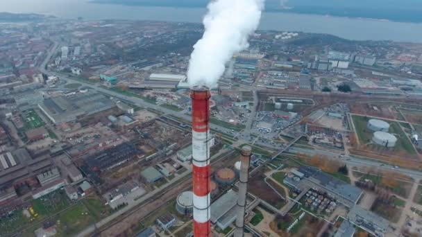 Coal fire power statio. Smokig pipe, close up. Aerial. — Stock Video