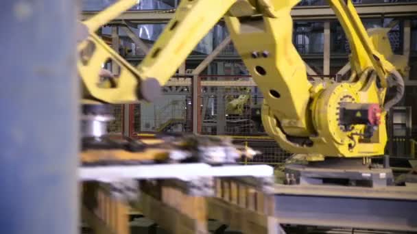 Βιομηχανικά ρομπότ. Ρομποτικό βραχίονα συναρμολόγηση προϊόντων σε ένα μοντέρνο εργοστάσιο. — Αρχείο Βίντεο