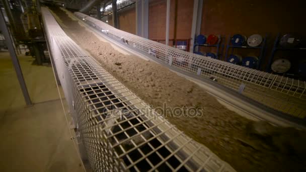 Transportband met bodem. Klei gaat door vervoerder in een fabriek van mijnbouw. — Stockvideo