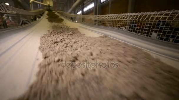 Transportband met bodem. Klei gaat door vervoerder in een fabriek van mijnbouw. — Stockvideo