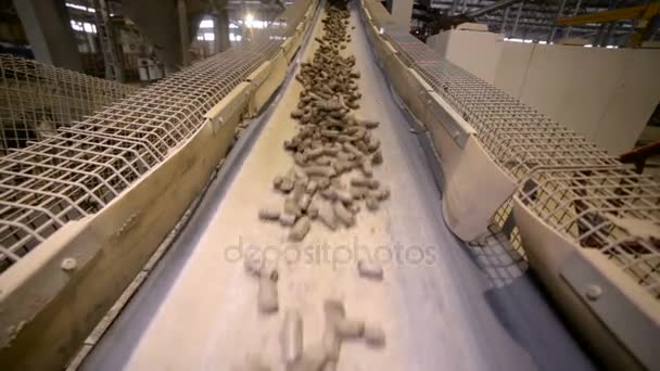 Transportband med jord. Lera går igenom transportör i en gruvdrift fabrik. — Stockvideo