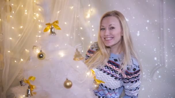 Hermosa chica decorando el árbol de Año Nuevo . — Vídeos de Stock