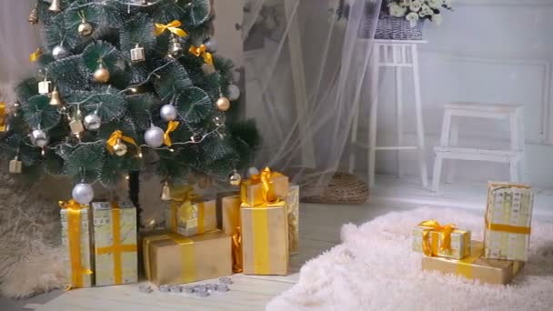 Sfondo natalizio. Camera decorata durante Anno nuovo, celebrazione di Natale. Nessuna gente. . — Video Stock