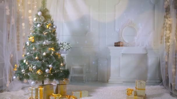 Noel arka plan. Oda yeni yıl, yılbaşı kutlamaları için dekore edilmiştir. Hiçbir insan. — Stok video