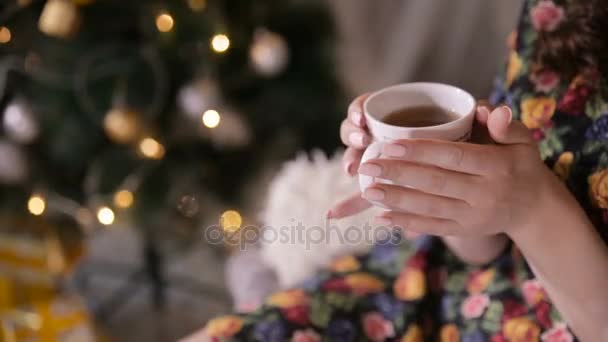 Female hands with tea cup near christmas tree. Beaty girl drinking tea. — Stock Video