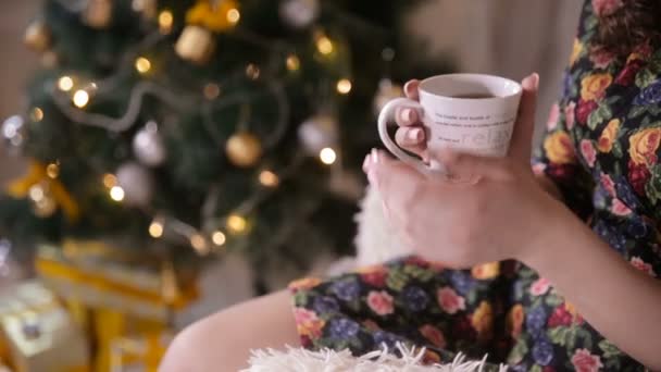 Mãos femininas com xícara de chá perto da árvore de Natal. Beaty menina beber chá . — Vídeo de Stock