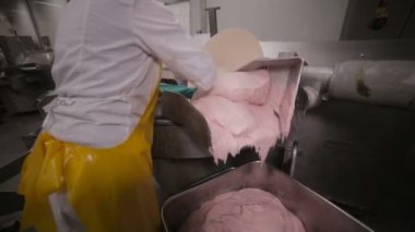 Et ve sosisli sandviç ve sosis bir gıda fabrikasında yapmak için baharat karıştırma kıyılmış et üretimi için makine.