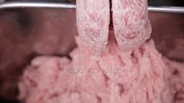 Minced meat production. Industrial Meat Chopper for Pork or Beef Meat working, making Minced meat. — Stock Video