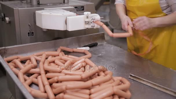 Macellaio che fa salsicce fresche su un'apparecchiatura automatizzata per la lavorazione della carne. Produzione di salsicce in una fabbrica di lavorazione della carne . — Video Stock