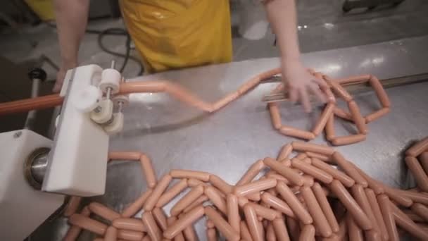 Производство колбас на мясокомбинате. — стоковое видео