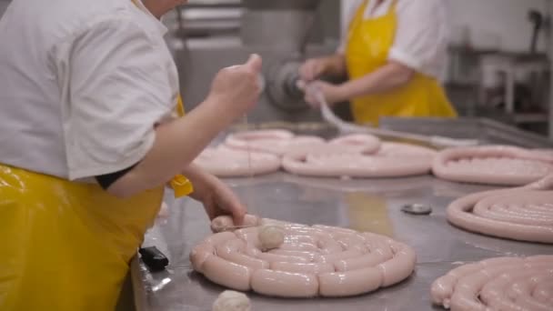 Рабочие, производящие колбасы, мясные деликатесы на автоматизированном мясоперерабатывающем оборудовании . — стоковое видео